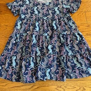 Girls Lilly Pulitzer Mini Jodee Dress with Blue+Pink Seahorse Pattern. Small 4-5